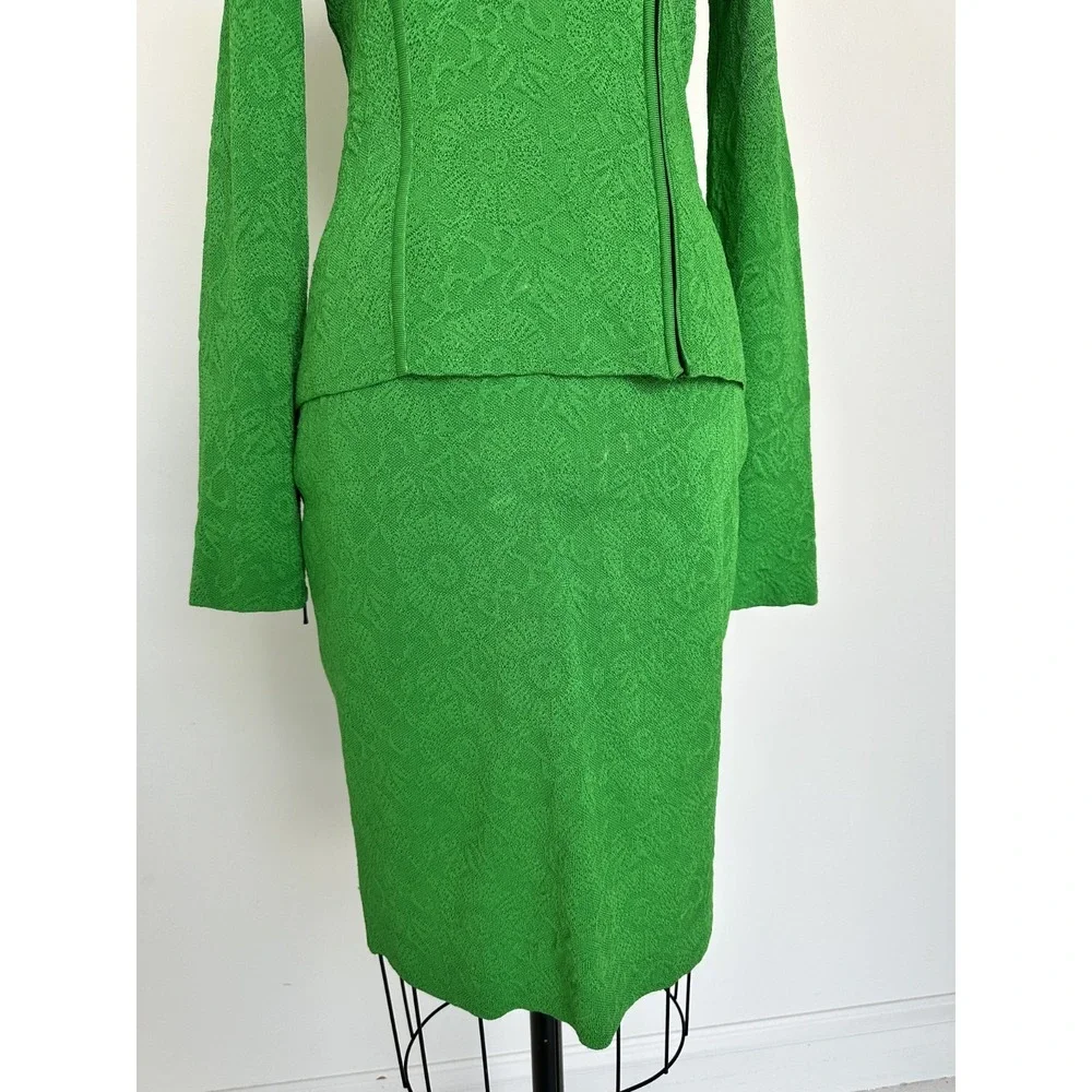 RET $2500 Paula Hian Green Skirt and Asymmetrical Jacket 2pc Set Size Small